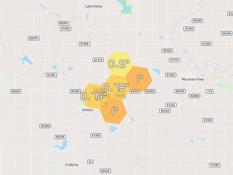 Hail map of Gotebo, OK on Jul 5, 2026, hail up to 1"