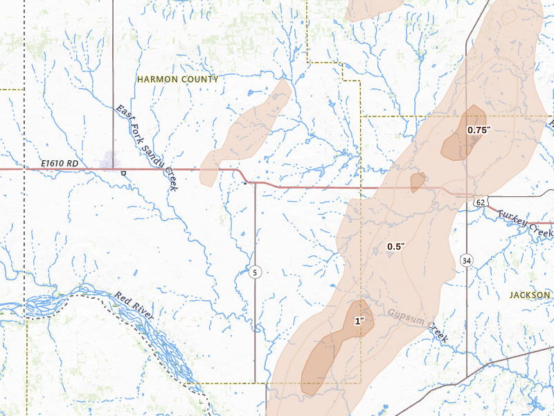 Radar-estimated hail-size map of the storm over Gould, OK on May 18, 2026