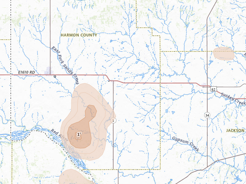 Radar-estimated hail-size map of the storm over Gould, OK on Jun 11, 2026