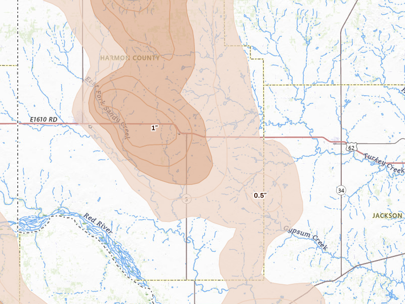 Radar-estimated hail-size map of the storm over Gould, OK on Jun 23, 2026