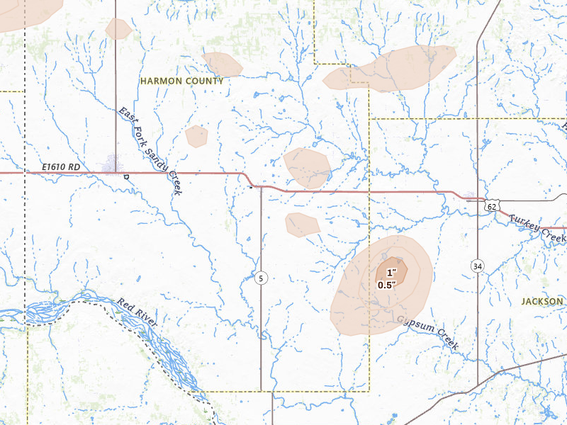 Radar-estimated hail-size map of the storm over Gould, OK on Jul 4, 2026