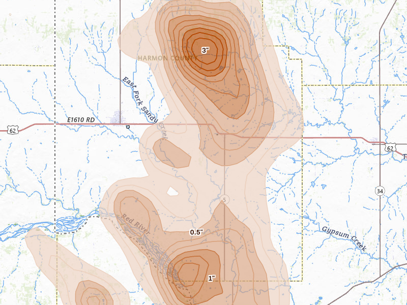 Radar-estimated hail-size map of the storm over Gould, OK on Aug 25, 2026