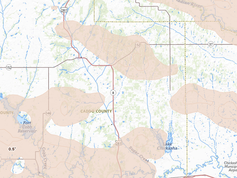 Radar-estimated hail-size map of the storm over Gracemont, OK on May 9, 2026