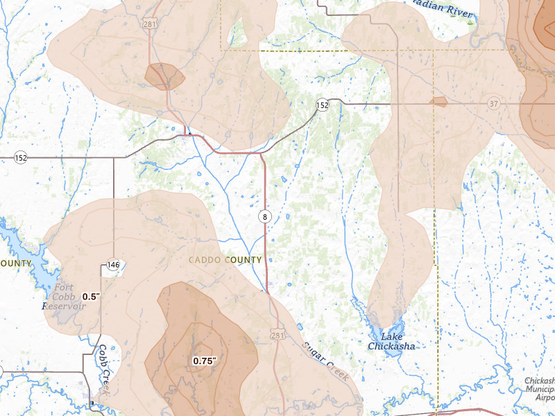 Radar-estimated hail-size map of the storm over Gracemont, OK on Jun 11, 2026