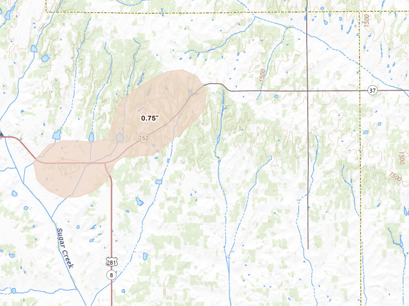 Radar-estimated hail-size map of the storm over Gracemont, OK on Aug 16, 2026