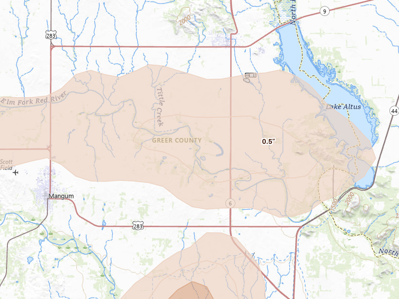 Radar-estimated hail-size map of the storm over Granite, OK on Mar 31, 2026