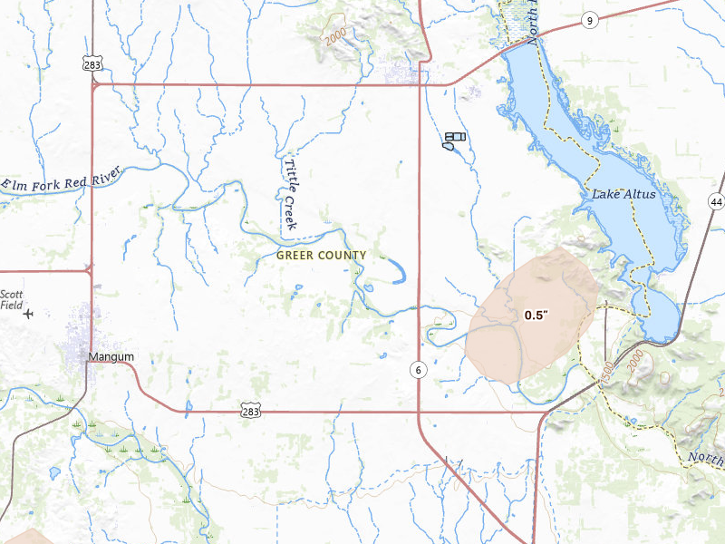 Radar-estimated hail-size map of the storm over Granite, OK on Jun 5, 2026