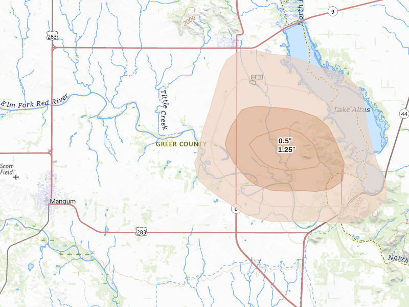 Radar-estimated hail-size map of the storm over Granite, OK on Jun 11, 2026