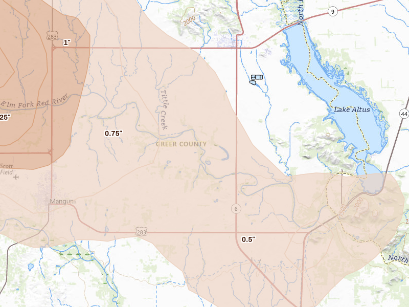 Radar-estimated hail-size map of the storm over Granite, OK on Jun 25, 2026
