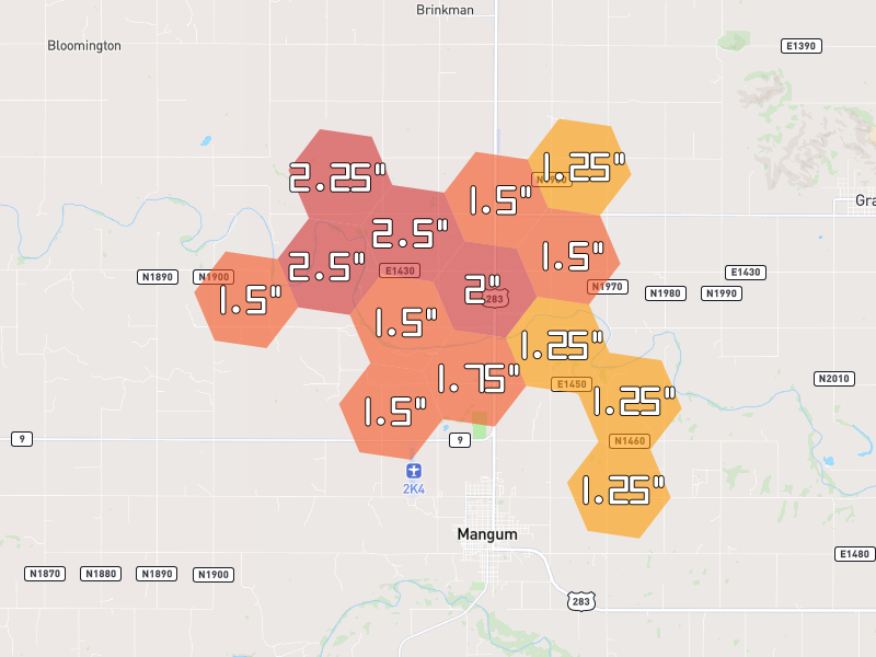 Hail map of Granite, OK on Jun 26, 2026, hail up to 2.5"