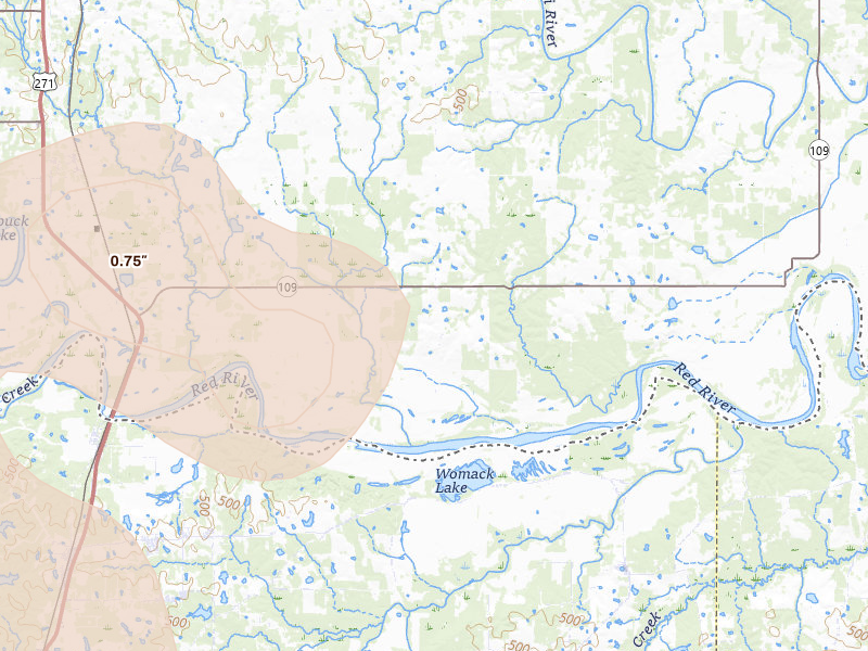 Radar-estimated hail-size map of the storm over Grant, OK on Apr 25, 2026