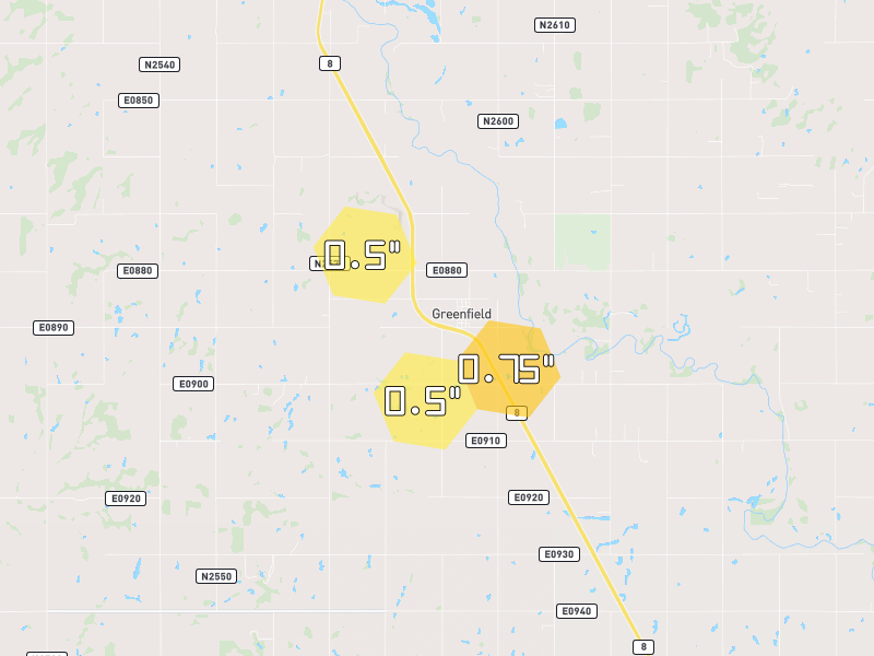 Hail map of Greenfield, OK on Jun 26, 2026, hail up to 0.75"