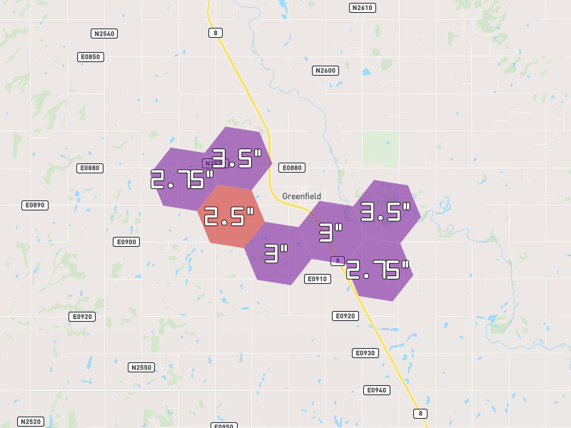 Hail map of Greenfield, OK on Jun 27, 2026, hail up to 3.5"
