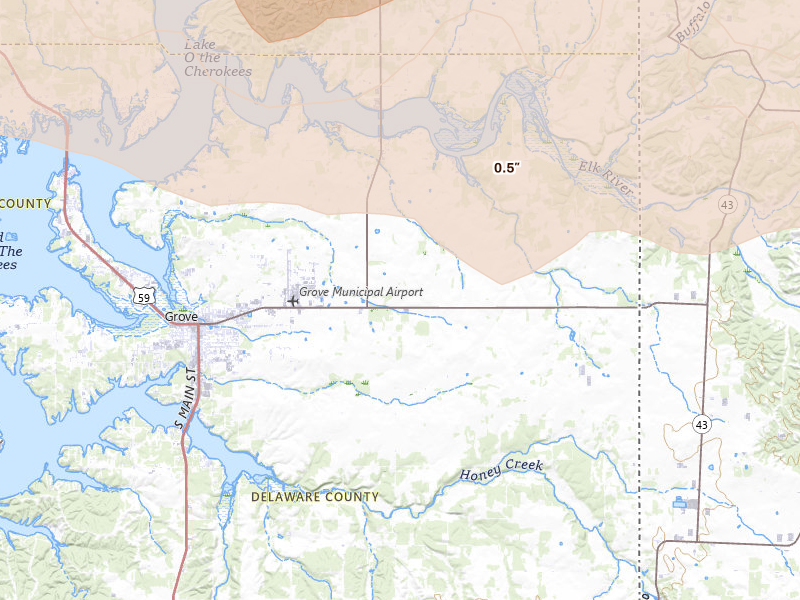 Radar-estimated hail-size map of the storm over Grove, OK on Apr 25, 2026