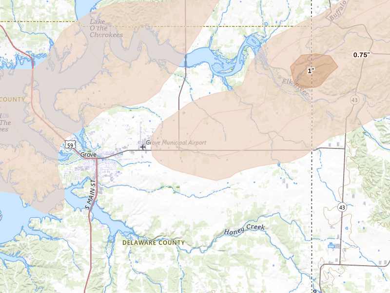 Radar-estimated hail-size map of the storm over Grove, OK on Apr 28, 2026