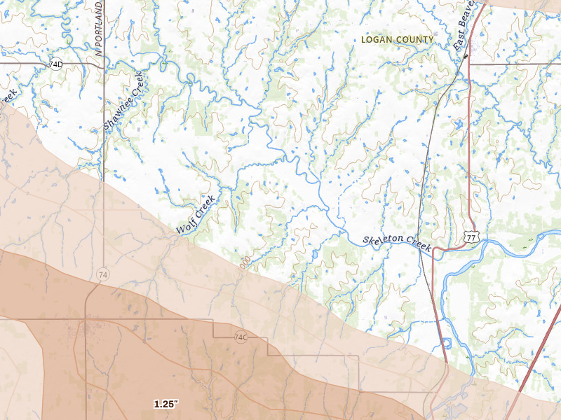 Radar-estimated hail-size map of the storm over Guthrie, OK on Jun 26, 2026