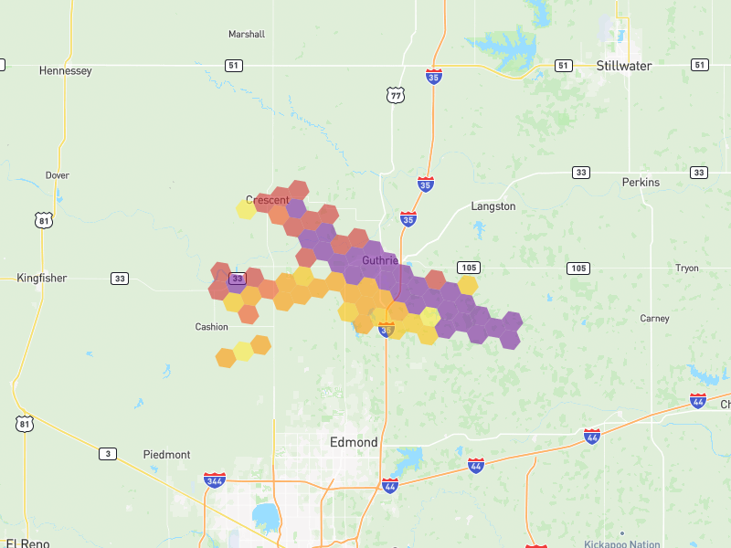 Hail map of Guthrie, OK on Jun 27, 2026, hail up to 4"
