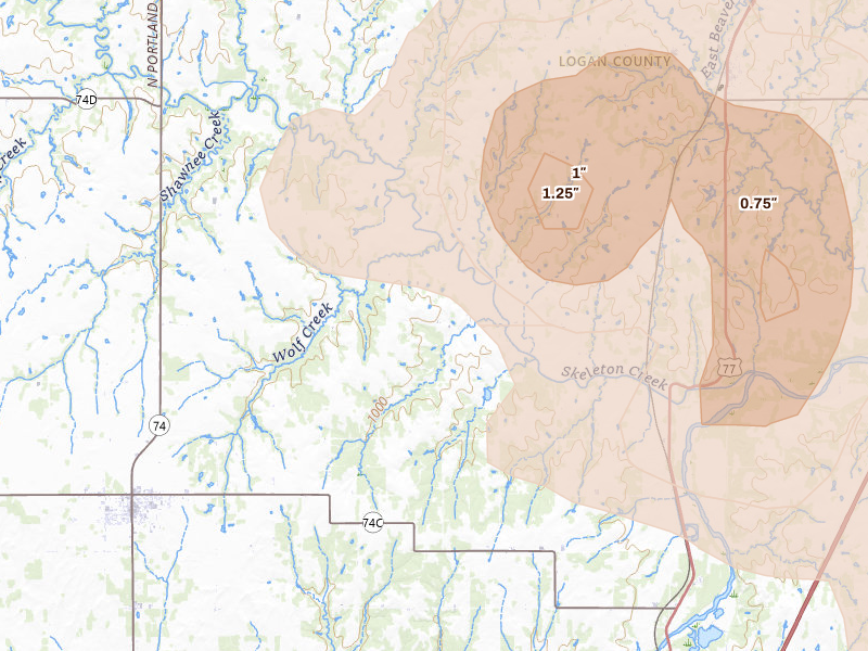 Radar-estimated hail-size map of the storm over Guthrie, OK on Jul 4, 2026