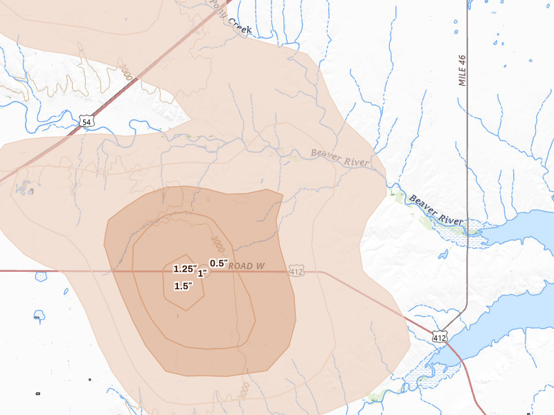 Radar-estimated hail-size map of the storm over Guymon, OK on Jul 3, 2026