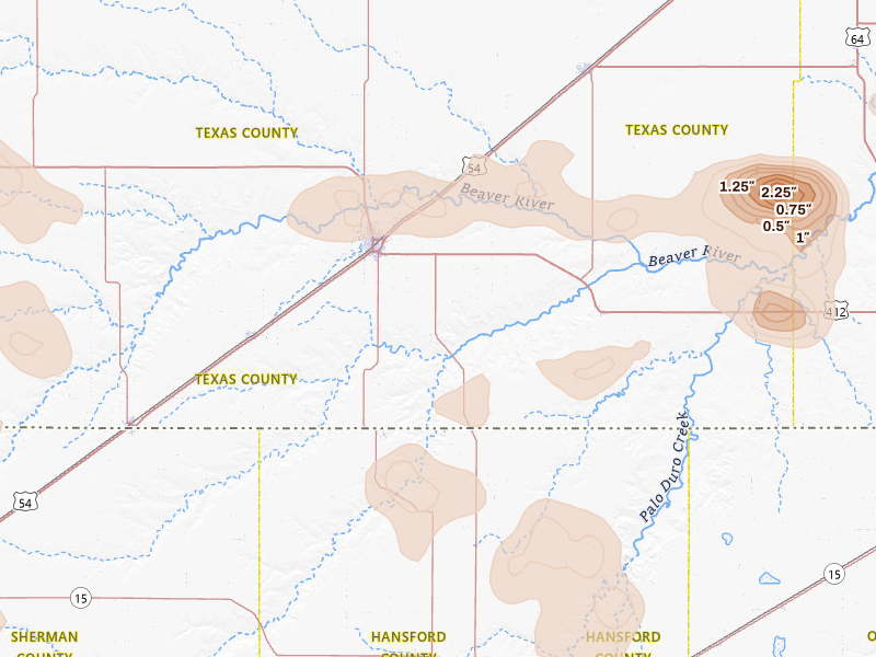 Radar-estimated hail-size map of the storm over Guymon, OK on Aug 6, 2026