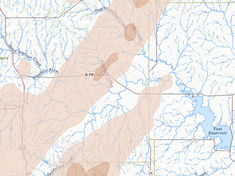 Radar-estimated hail-size map of the storm over Hammon, OK on Mar 5, 2026