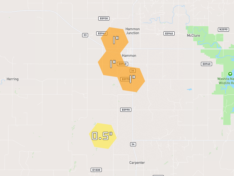 Hail map of Hammon, OK on Jun 4, 2026, hail up to 1"