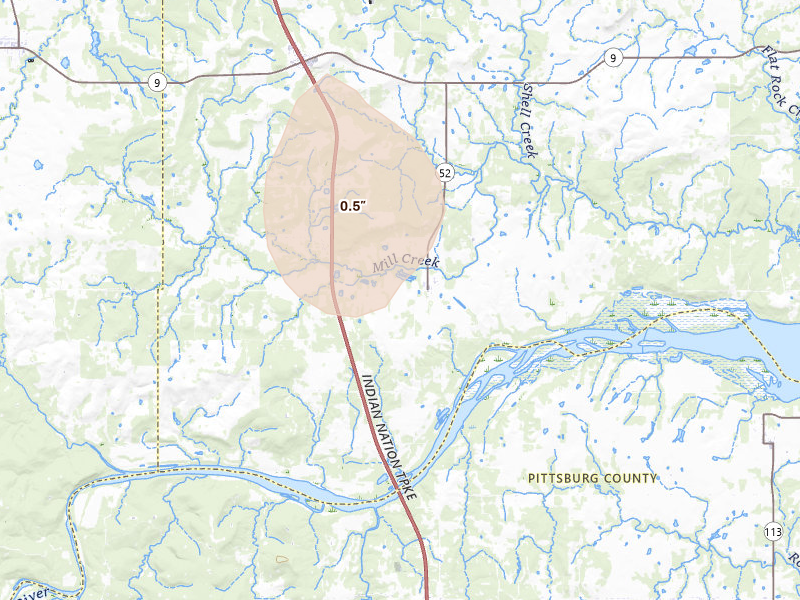 Radar-estimated hail-size map of the storm over Hanna, OK on Aug 20, 2026