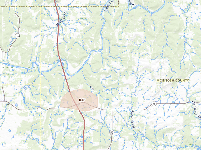 Radar-estimated hail-size map of the storm over Hanna, OK on Aug 21, 2026