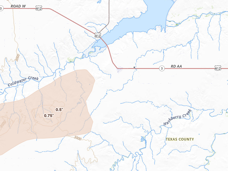 Radar-estimated hail-size map of the storm over Hardesty, OK on May 10, 2026