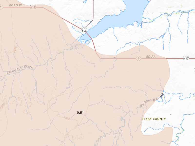 Radar-estimated hail-size map of the storm over Hardesty, OK on Jun 12, 2026