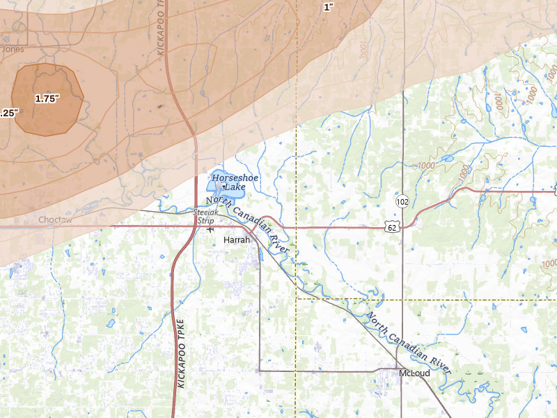 Radar-estimated hail-size map of the storm over Harrah, OK on Mar 10, 2026