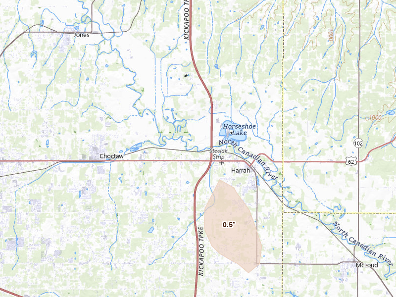 Radar-estimated hail-size map of the storm over Harrah, OK on Aug 21, 2026