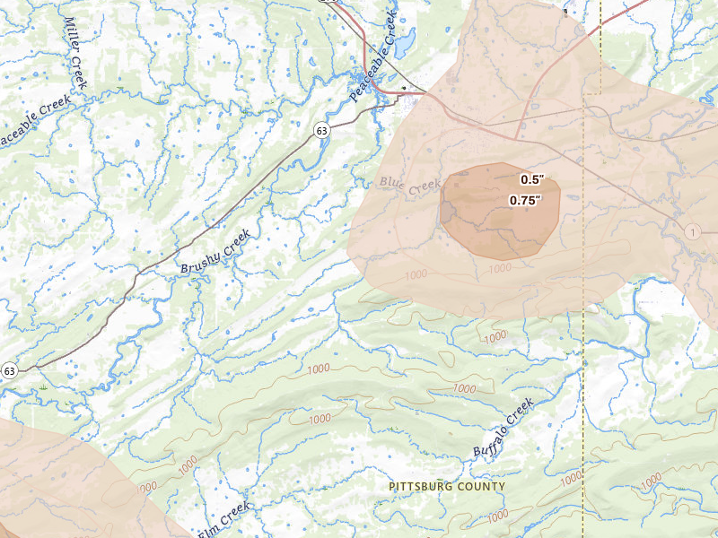 Radar-estimated hail-size map of the storm over Hartshorne, OK on Apr 24, 2026