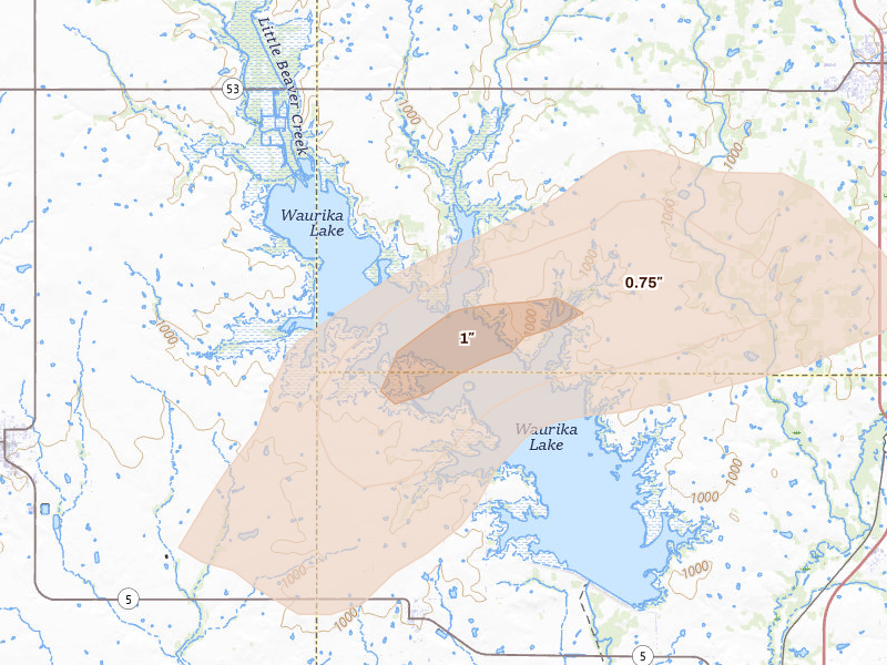 Radar-estimated hail-size map of the storm over Hastings, OK on Apr 25, 2026