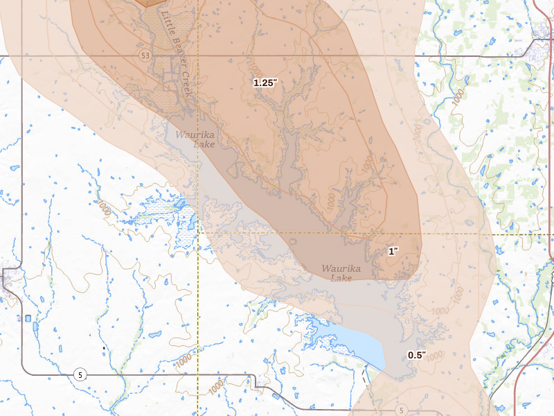 Radar-estimated hail-size map of the storm over Hastings, OK on Jun 11, 2026