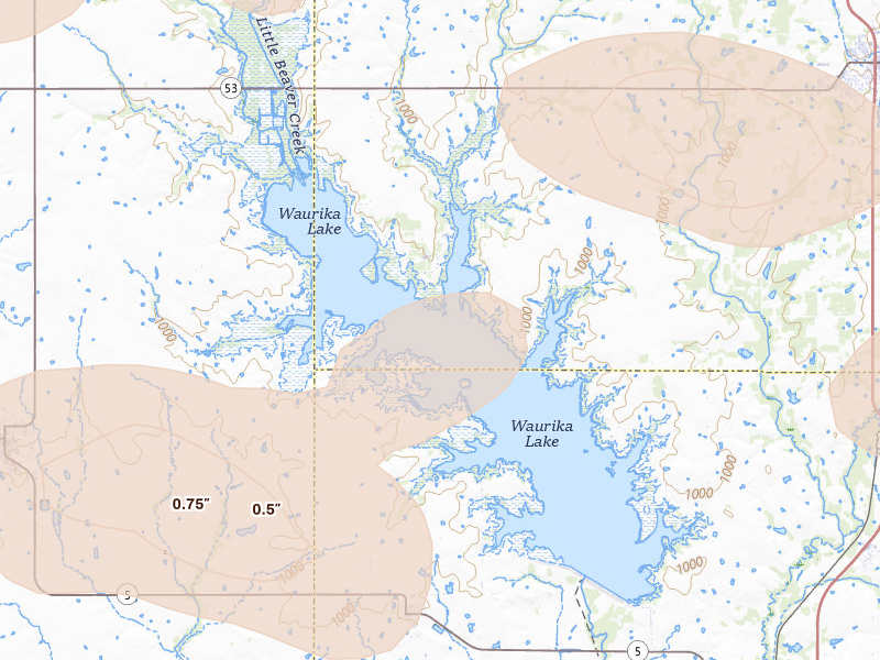 Radar-estimated hail-size map of the storm over Hastings, OK on Jun 18, 2026