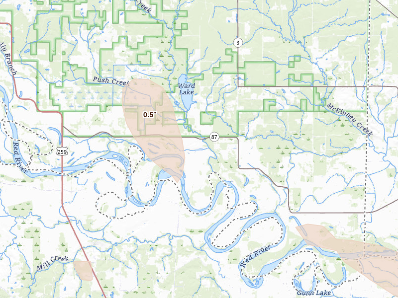 Radar-estimated hail-size map of the storm over Haworth, OK on Jun 23, 2026