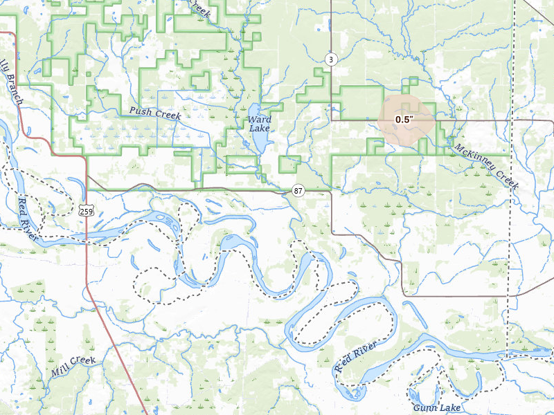 Radar-estimated hail-size map of the storm over Haworth, OK on Jul 12, 2026