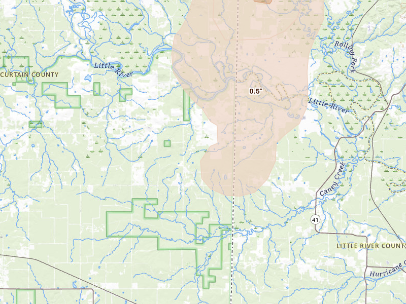 Radar-estimated hail-size map of the storm over Haworth, OK on Aug 26, 2026
