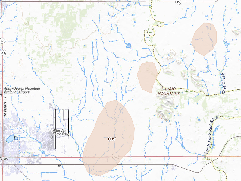 Radar-estimated hail-size map of the storm over Headrick, OK on Jun 5, 2026