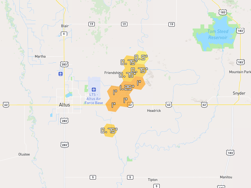 Hail map of Headrick, OK on Jun 5, 2026, hail up to 1.25"