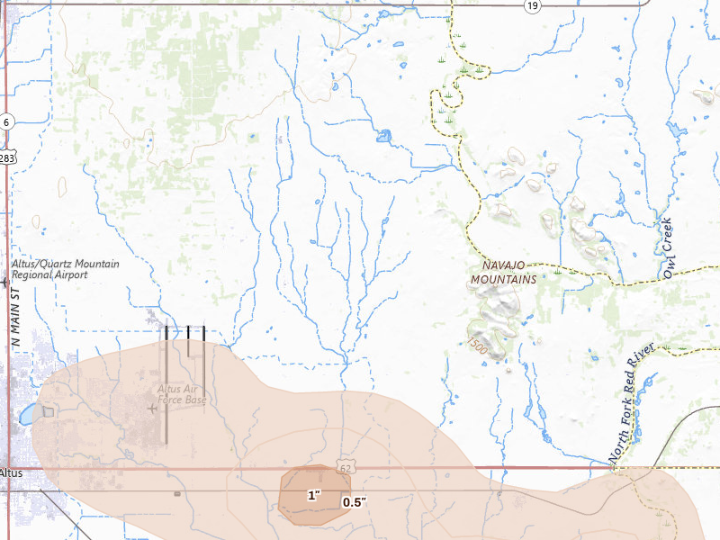 Radar-estimated hail-size map of the storm over Headrick, OK on Jun 11, 2026