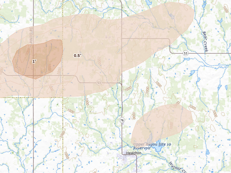 Radar-estimated hail-size map of the storm over Healdton, OK on Apr 25, 2026