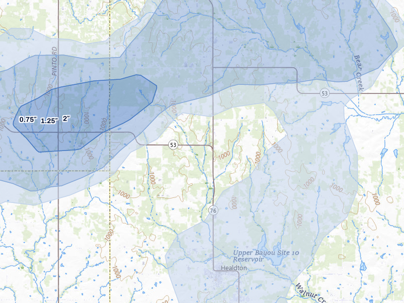 NEXRAD radar-signature map of the hail over Healdton, OK