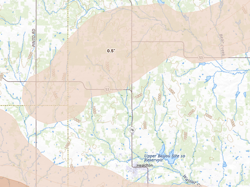 Radar-estimated hail-size map of the storm over Healdton, OK on Apr 28, 2026