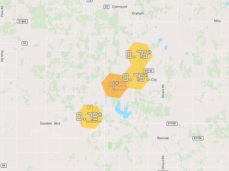 Hail map of Healdton, OK on Jun 6, 2026, hail up to 1"