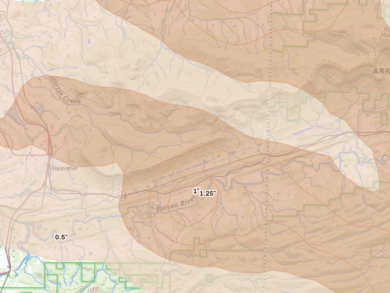 Radar-estimated hail-size map of the storm over Heavener, OK on Apr 25, 2026
