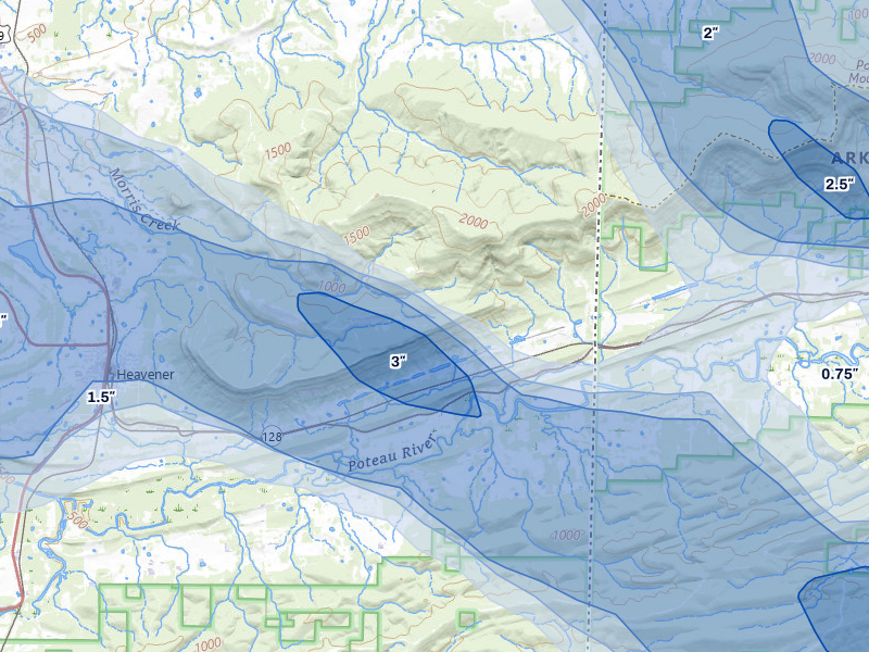 NEXRAD radar-signature map of the hail over Heavener, OK