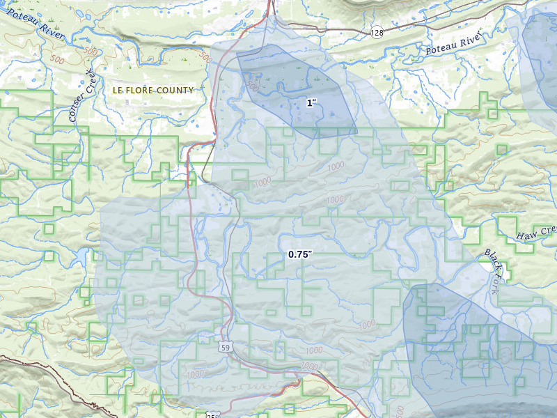 NEXRAD radar-signature map of the hail over Heavener, OK
