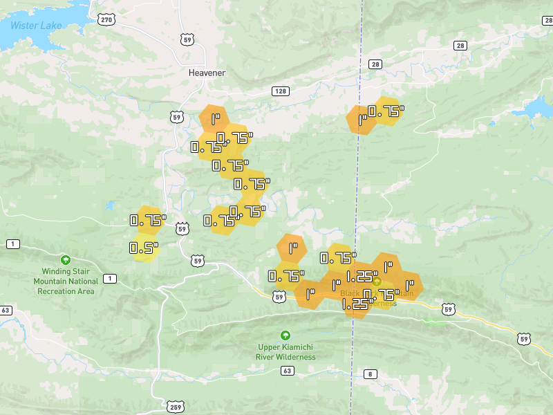Hail map of Heavener, OK on Jun 2, 2026, hail up to 1.25"